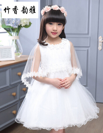 夏新款童装女童六一表演服舞台服公主裙连衣裙送蕾丝披肩 白色 130cm