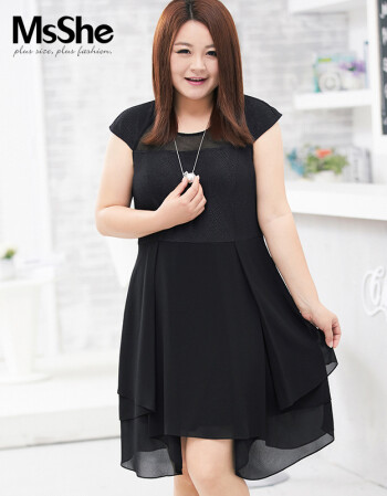 msshe加肥加大码女装2016新款夏装胖mm不规则弹力雪纺