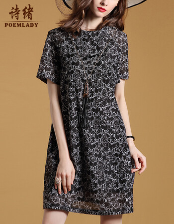 诗绪2016夏装新款短袖裙子夏季显瘦短裙欧洲站气质宽松连衣裙 女 黑花