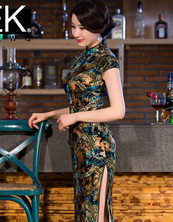 ekwq 2016新款旗袍日常高开叉长款复古修身短袖中国风