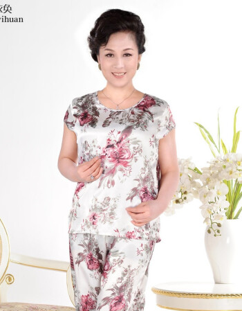中老年女装 时尚女式绸缎印花套装 中年漂亮妈妈装短袖圆领两件套fz