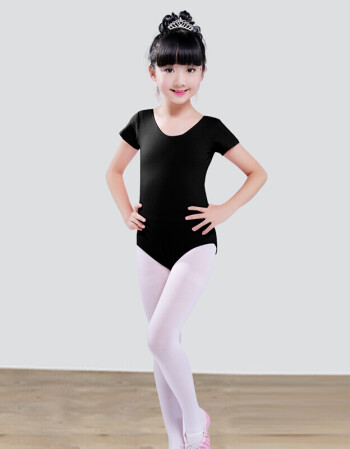儿童舞蹈服装女童练功服演出服短袖芭蕾舞裙棉健美操连体紧身衣 黑色