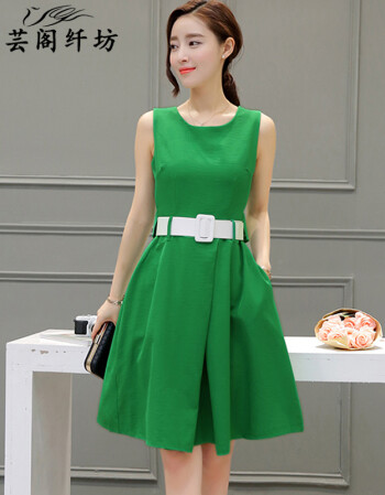 夏季新款韩版女装时尚中长款修身纯色无袖雪纺连衣裙女背心裙 绿色 l