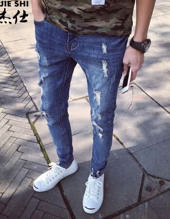 丹杰仕快手红人刘叉叉天佑同款秋冬男士修身小脚潮流牛仔裤破洞长裤子