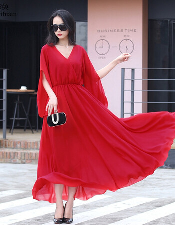 雪纺沙滩裙 海边大红色超大摆连衣裙 度假长裙夏大码女装fz1311 红色