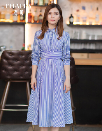 海贝秋季新款女装 翻领格子高腰系带长袖中长款衬衫式连衣裙 蓝色 s