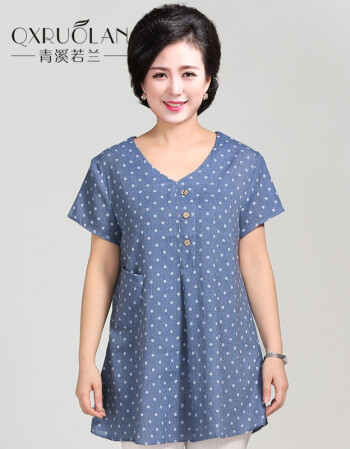 青溪若兰中老年女t恤加肥加大码棉麻上衣40-50岁胖妈妈装夏装大码中长