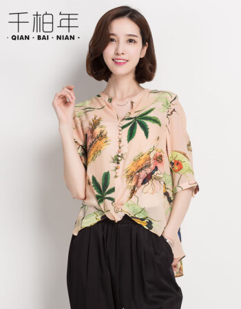 千柏年2016重磅真丝上衣女夏 短袖桑蚕丝衬衫v领印花韩版修身显瘦