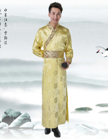 新款大臣 古装男士侠客 汉服黑色演出服 书生 直裾摄影毕业班服 金色