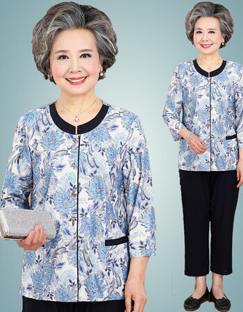 中老年人女装夏装老人衣服60-70岁春秋装妈妈装长袖套装奶奶装80 花型