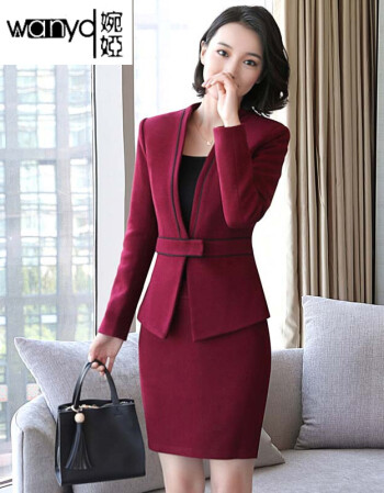 套装加厚保暖毛呢西服正装工作服主持人服装女时尚 酒红色外套 裙子 s