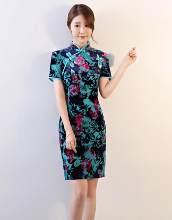 嘉婷凤雅阁烂花绒旗袍夏季气质淑女时尚旗袍中长款中国风日常短袖旗袍
