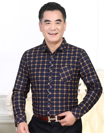 秋冬男士长袖衬衫中老年人男装老人爸爸加绒加厚父格衬衣中年男fjq