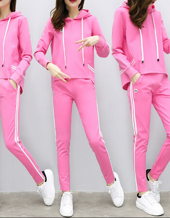 秋季少女孩初中学生春秋季休闲两件套装运动服 粉色秋装 xl