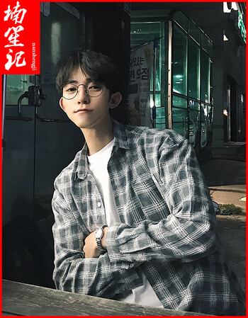 楠笙记牌男初中男潮文艺生寸衫港仔风日系衬衣小青年宽松衬衫初中生第一格子店乡四里图片