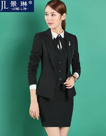 景琳长袖小西装女2017新款时尚工作职业装女装套装 黑西装 半身裙