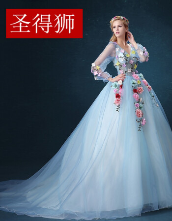 2017新款花仙子长款婚纱拖尾礼服主题婚纱影楼服装个人写真演出5 蓝色