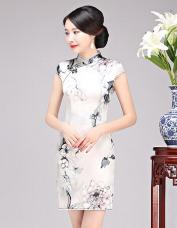 复古水墨画旗袍连衣裙夏季 日常白色旗袍修身包臀 重磅真丝旗袍女