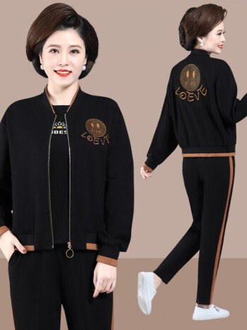 中年妈妈秋装棒球服洋气卫衣外套三件套中老年休闲运动休闲套装女秋冬