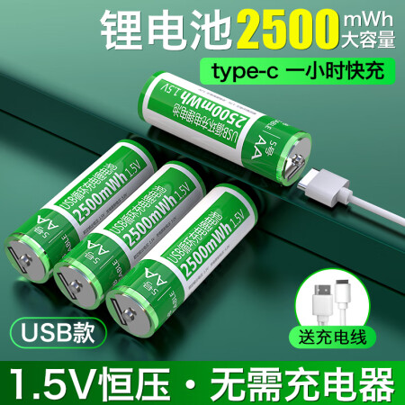  德力普（Delipow）USB充电电池 5号号锂电池1.5V恒压大容量2500mWh配Type-C快充充电线