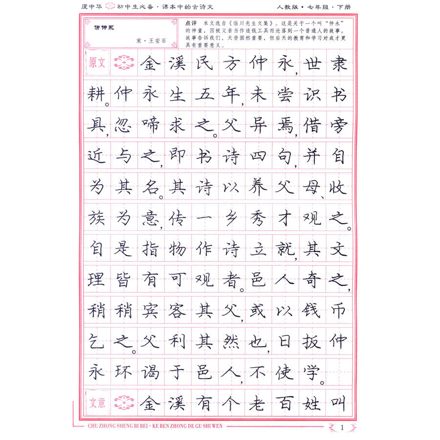 《庞中华初中生必备:课本中的古诗文(楷书钢笔字帖,人教版,七年级下册
