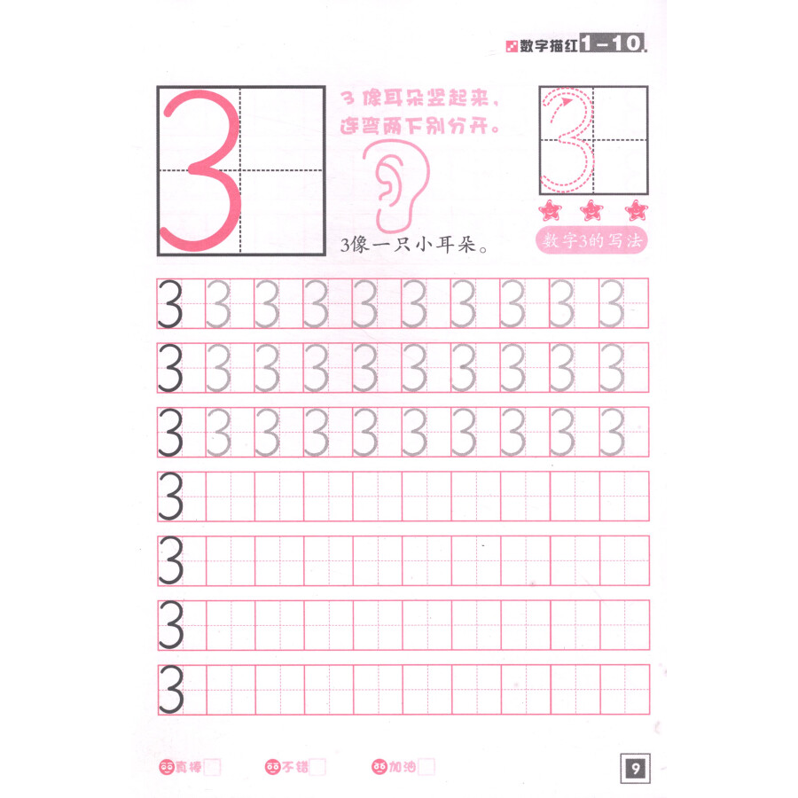 幼儿学前必备练习:数字描红(1-10)