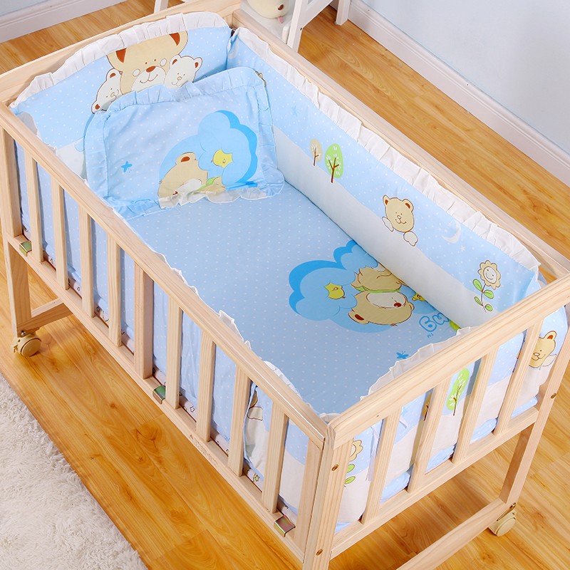 SWEETYBB全实木婴儿床摇床无油漆宝宝童床 小床+三只小熊五件套+赠品