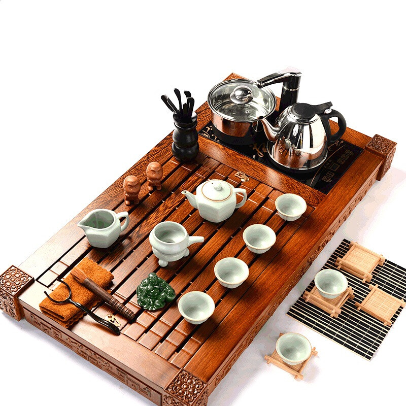 馨铭堂 六角壶汝窑茶具 鸡翅木茶盘带电热炉整套功夫茶具套装