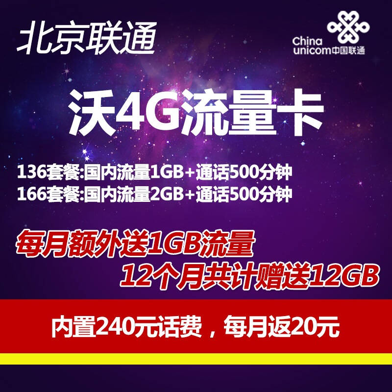 【北京联通】沃4g流量卡(4g/3g网络全能用)12个月每月额外送1g国内