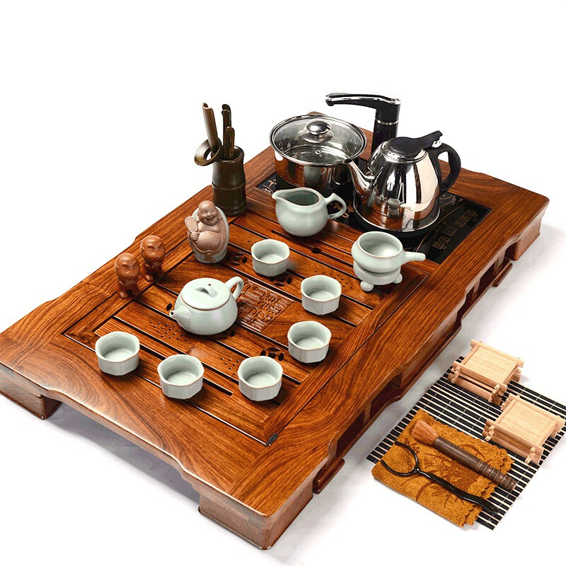 馨铭堂 石瓢壶汝窑茶具 花梨茶盘带电热炉整套功夫茶具套装