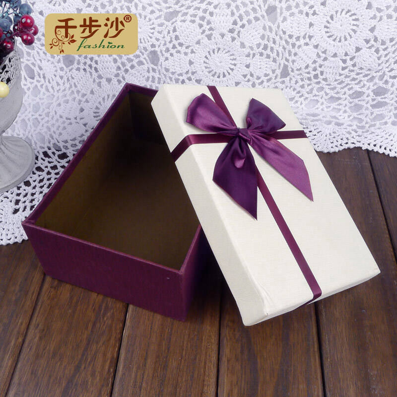 千步沙韩式礼盒礼物包装盒商务礼盒长方形丝带蝴蝶盒子收纳盒 米白色