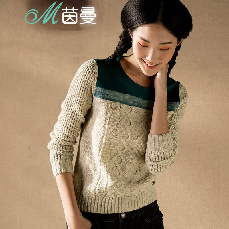 秋新款印花圆领套头毛衣女 米白色 M