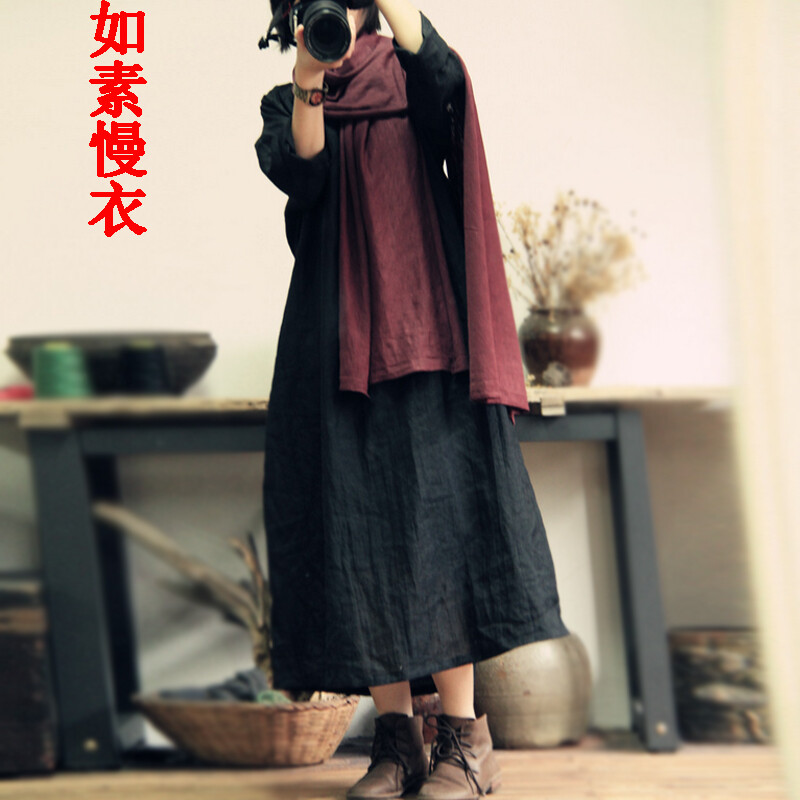 如素慢衣女装新款文艺连衣裙复古v领皱褶长袍11503 黑色 均码