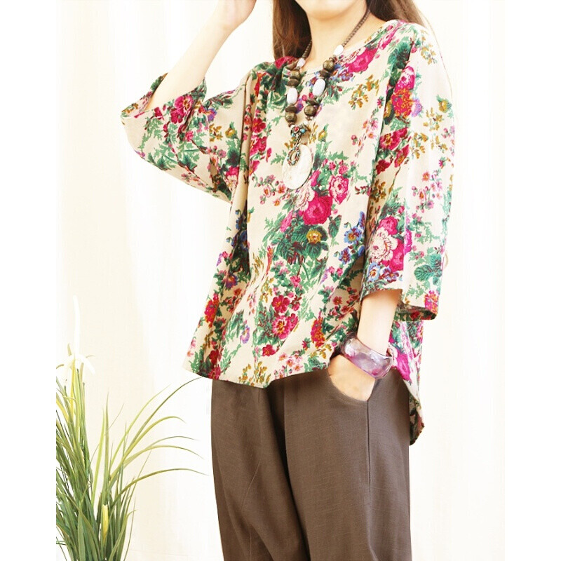 复古文艺棉麻料女式T恤宽松蝙蝠袖上衣碎花小