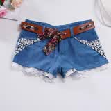 夏装新款俏皮镶珍珠纯色带蕾丝修身纯棉<em>水洗</em>短