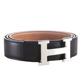 爱马仕 Hermes 黑棕双面银色拉丝扣腰带 100c