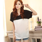 【货到付款】夏装热卖枫紫韩版女短袖雪纺拼色