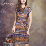 兰佩 2014夏装新品 杭州丝绸 女装短袖复古印花