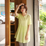 东京着衣 圆点V字领棉麻连衣裙4009218 绿色