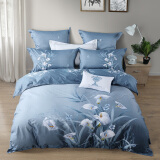 水星家纺 床上四件套纯棉 40S全棉贡缎印花被套床单被罩 植物花卉床品套件 轻诗曼羽 双人1.8米床