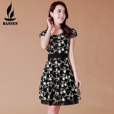 014夏装新款韩版女装短袖刺绣碎花连衣裙圆领