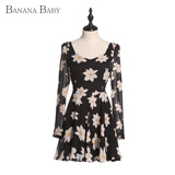 香蕉宝贝韩版女装春秋碎花裙子雪纺印花修身显