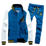 休闲彩扣立领开衫立领卫衣 黑衣服灰裤子 蓝色