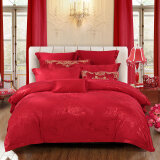 水星家纺 婚庆六件套 大提花红色轻奢质感床上用品被单被罩被套 幸福满堂 双人1.8米床