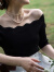 恒源祥白色一字肩低领短袖t恤女夏季修身短款冰丝针织小衫露肩锁骨上衣 黑色 XL(115-130斤)