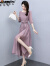 啄木鸟天丝连衣裙女长款2024年新款夏装洋气收腰显瘦中袖垂坠感裙子 紫粉色 3XL