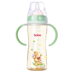 乐儿宝(bobo) 奶瓶 PPSU仿母乳防摔婴儿奶瓶 宽口径带吸管带手柄宝宝奶瓶300ml绿色(自带12个月以上奶嘴1个）