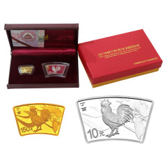 上海集藏 中国金币2017鸡年生肖扇形金银纪念币 扇形金银套 10克金币+30克银币