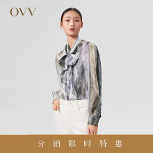 OVV【爱情而已同款】OVV2022春夏新款女装真丝雪纺大飘带休闲衬衫 绿灰花纹16 XS