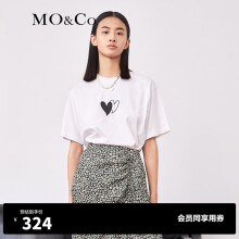 MO&Co.新疆棉春季宽松圆领纯棉爱心印花短袖T恤上衣女 摩安珂 漂白色 M